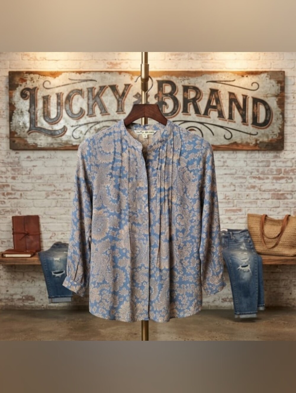 Lucky Brand Blue Paisley Pleated Button-Front Blouse